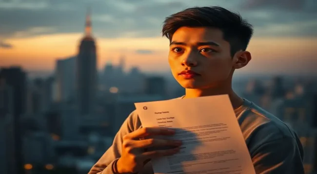 Joven determinado con currículum, ciudad y esperanza