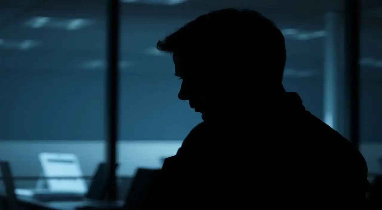 Persona discreta mira laptop, oficina tenue