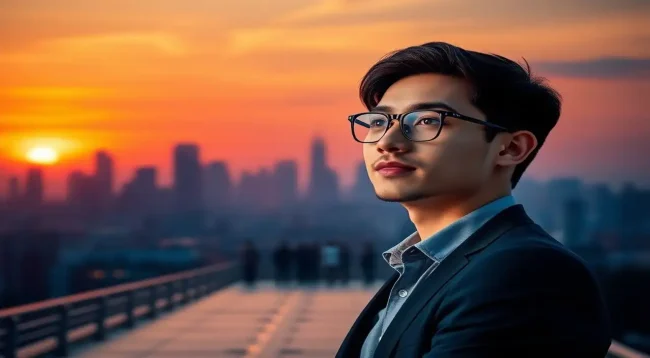 Profesional joven, futuro brillante y urbano, amanecer