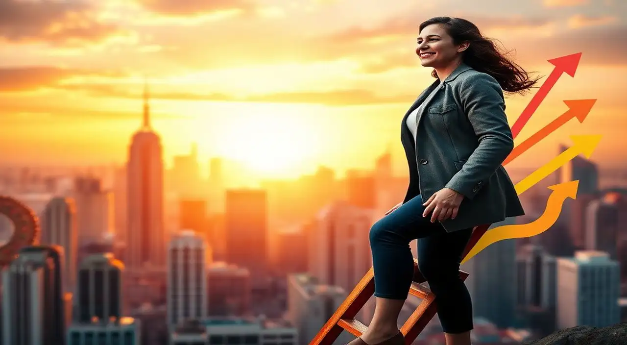 Mujer asciende, ciudad al amanecer, cambio inspirador