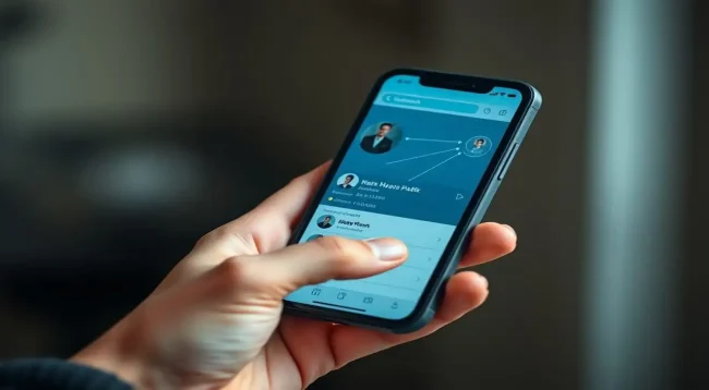 Manos sostienen móvil con LinkedIn y red sutil