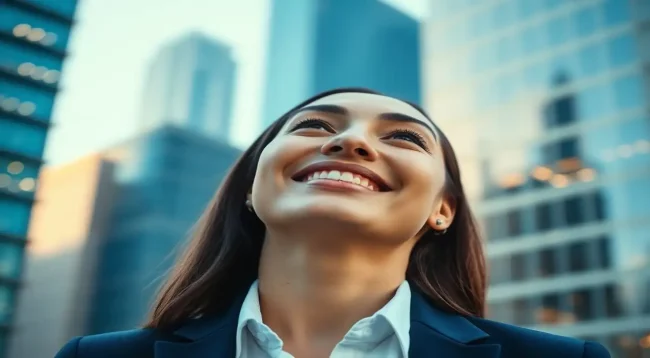 Profesional sonriente, ciudad vibrante, azul y blanco