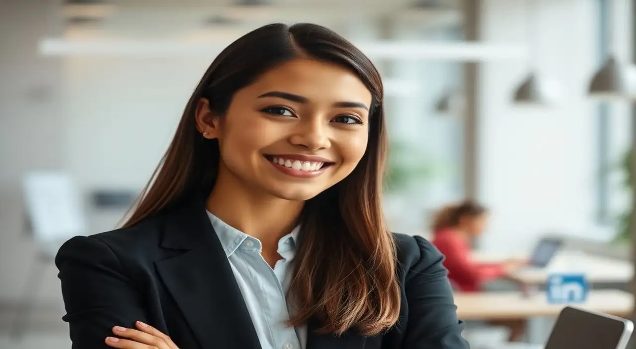 Profesional sonriente, oficina moderna, LinkedIn sutil