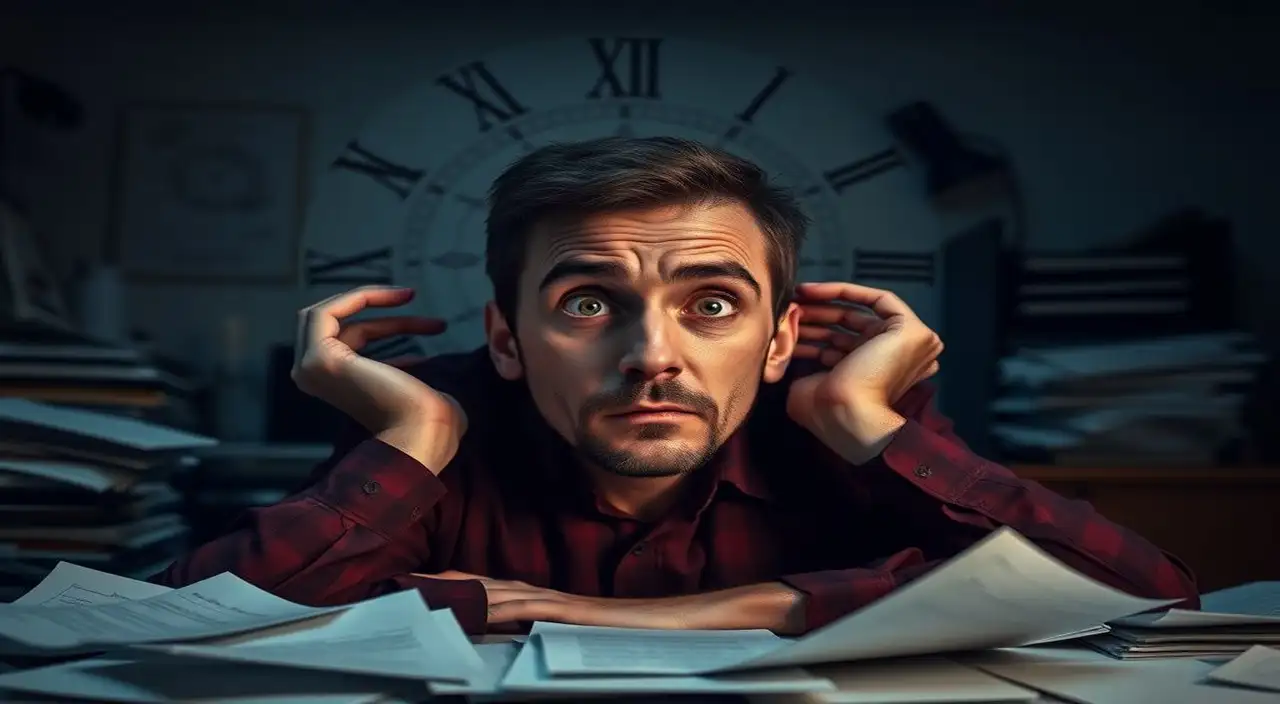 Caos surrealista en oficina oscura