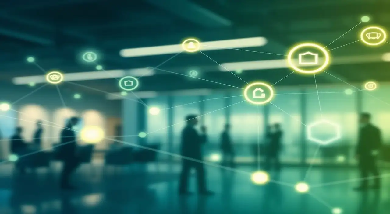 Red digital, iconos, figuras, tonos azul-verde