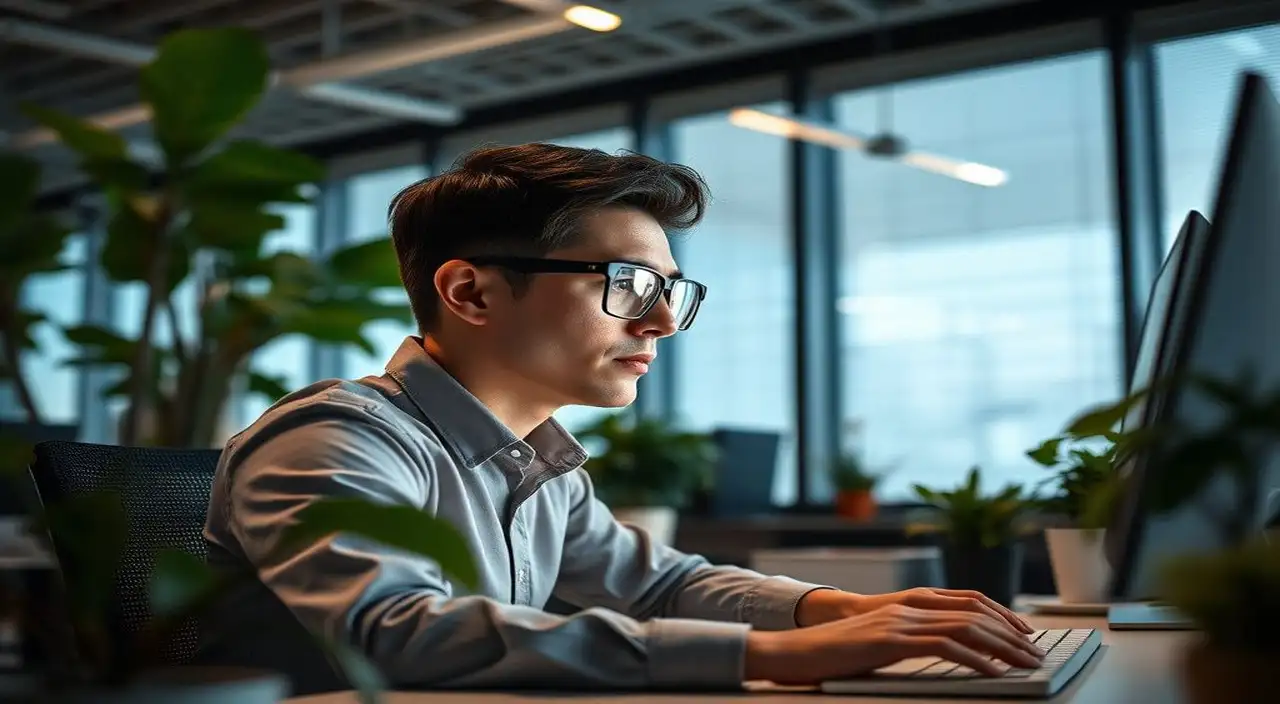 Oficina moderna, concentración serena, tecnología y naturaleza