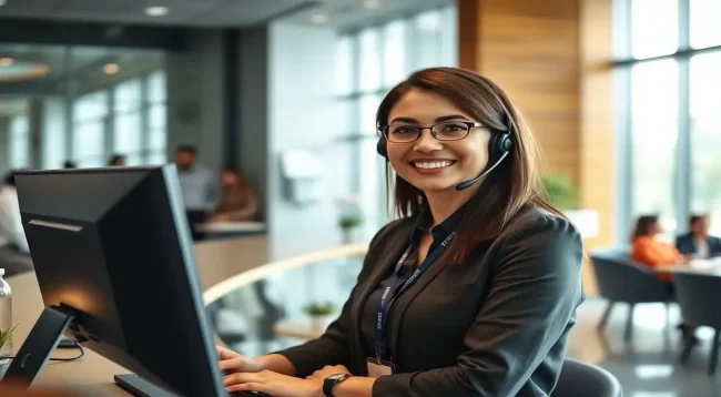 Recepcionista profesional en ambiente acogedor y moderno