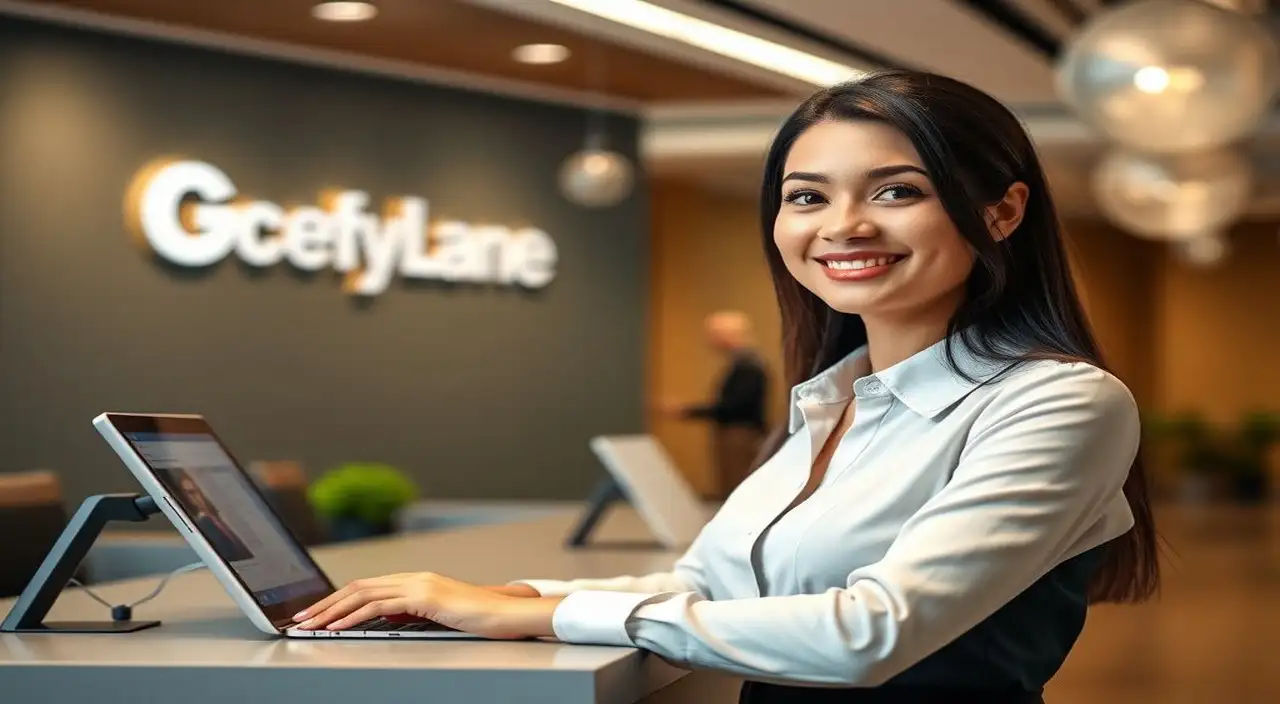 Recepcionista sonriente, oficina moderna, bienvenida