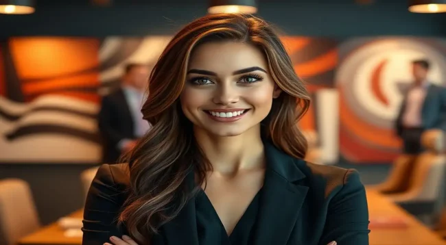 Profesional sonriente, entrevista empoderadora en oficina moderna