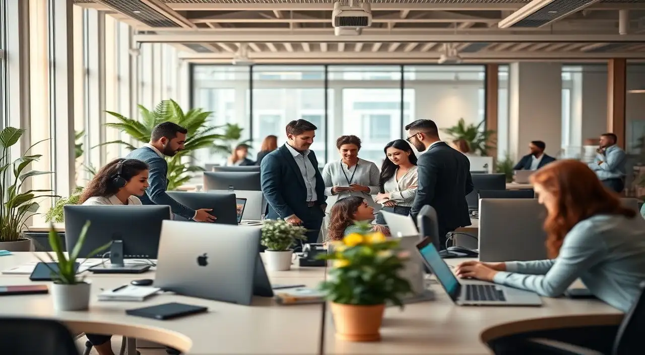 Oficina moderna: equipo diverso, luz cálida, tecnología