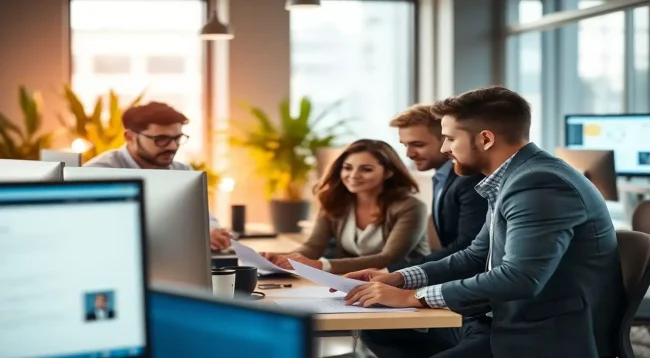 Oficina moderna: equipo colabora en ambiente vibrante