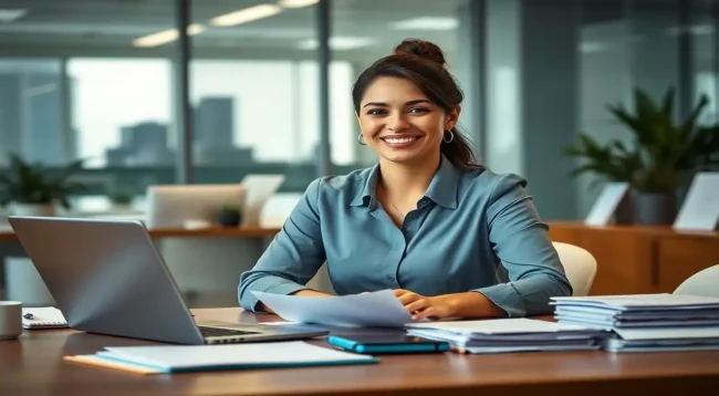 Asistente feliz, oficina moderna y ordenada