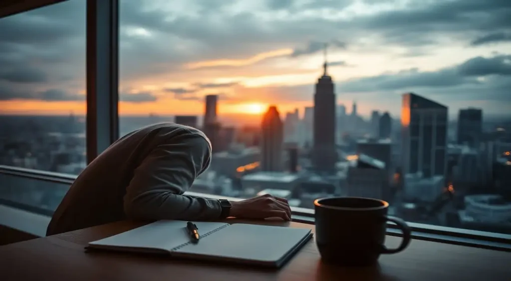 Amanecer urbano, persona optimista, notas y café