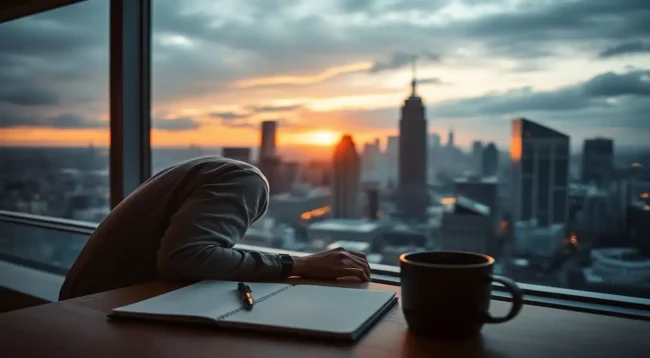 Amanecer urbano, persona optimista, notas y café